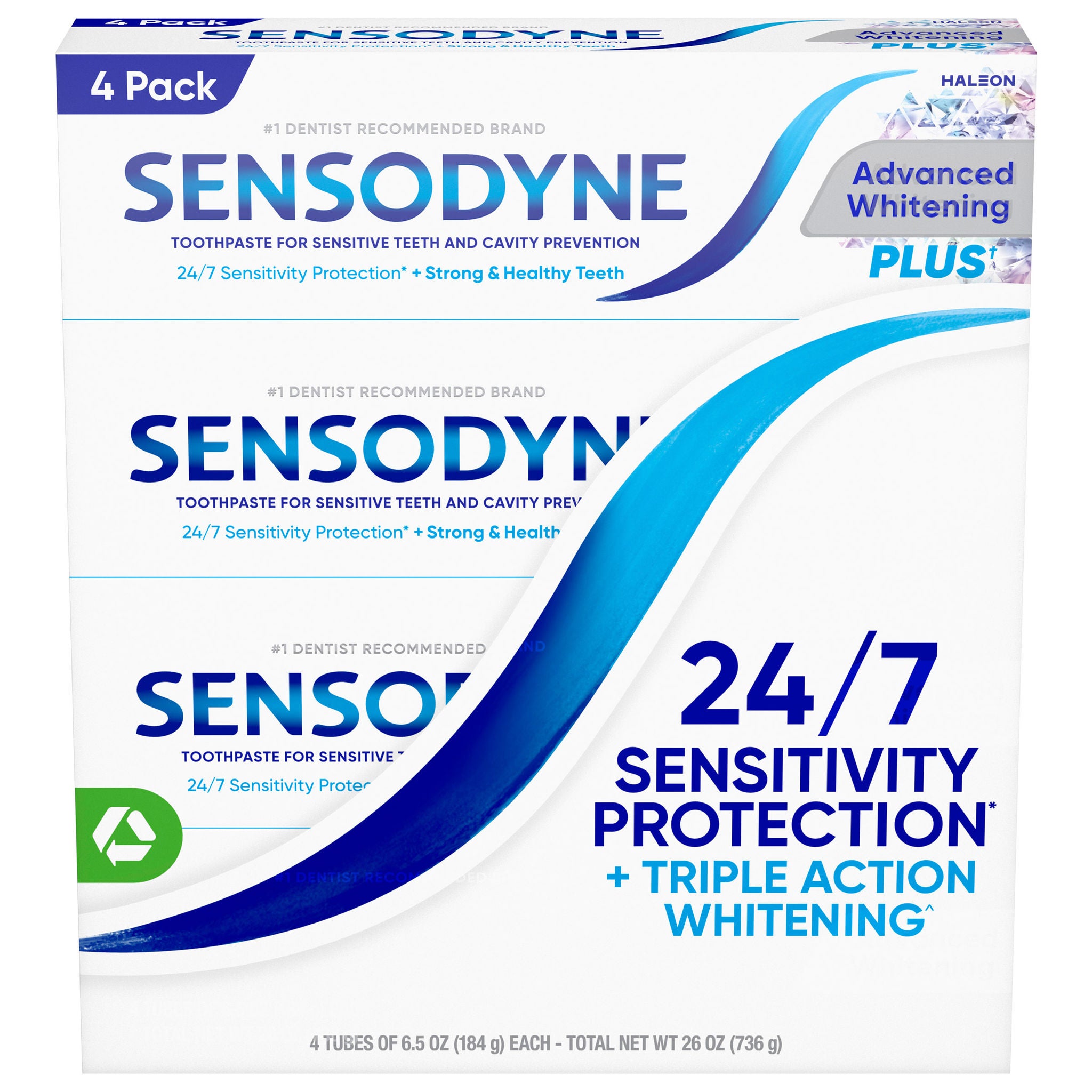 SENSODYNE Triple Action Advanced Whitening Toothpaste, 6.5 oz, 4-pack