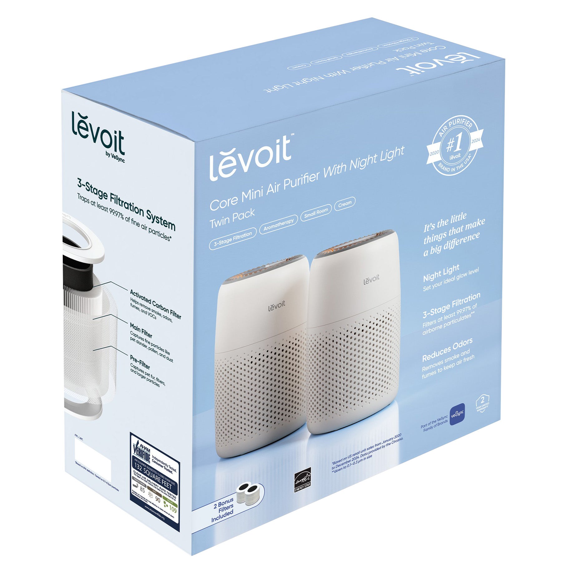Levoit Core Mini Air Purifier with Night Light, 2-pack, Additional Filters Included